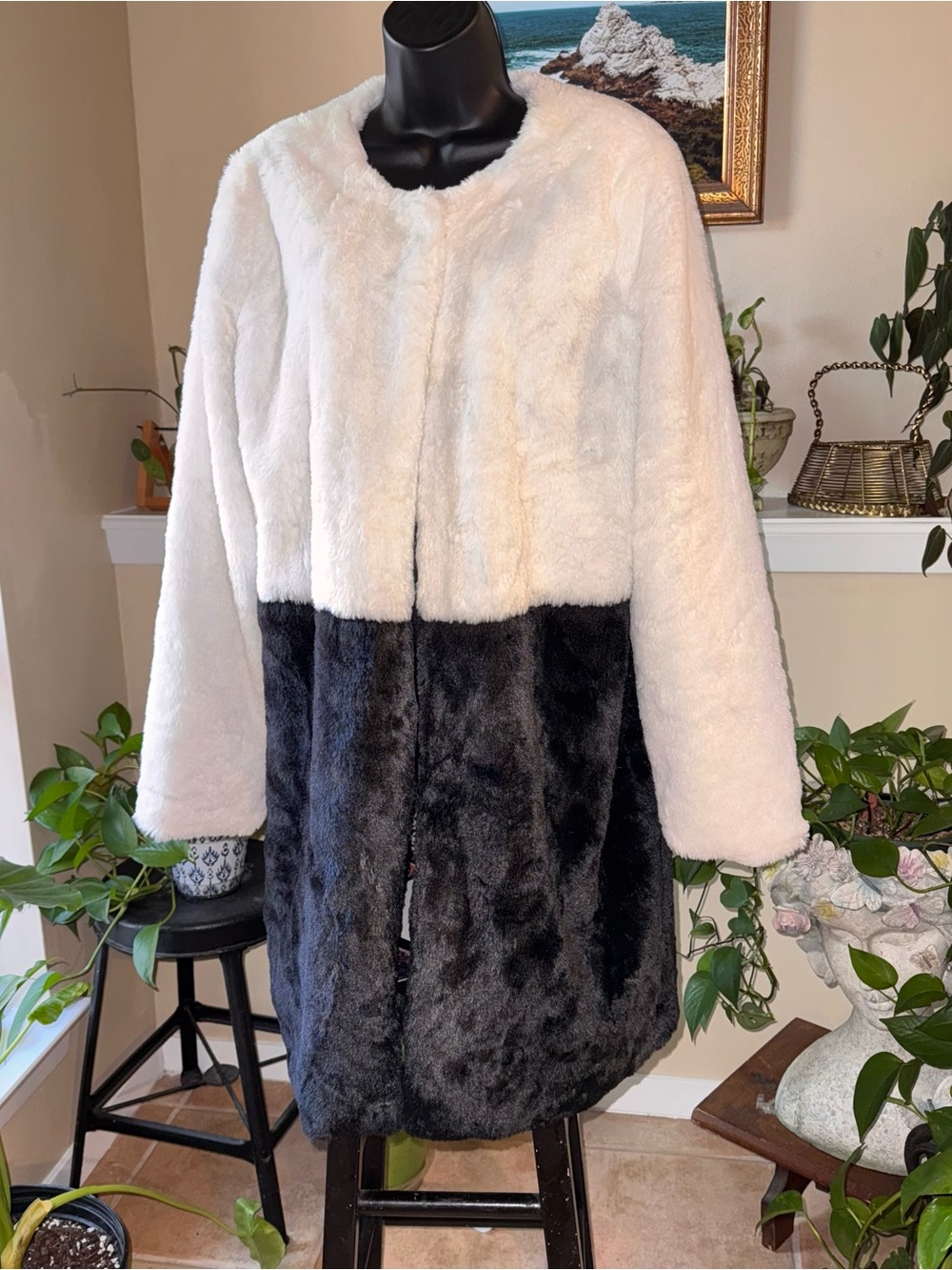 Fever black and white colorblock faux fur coat size M